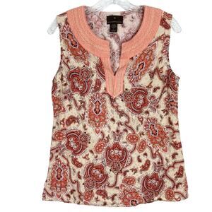 NWOT FENN WRIGHT MASON Top L Linen Blend Embroidery Paisley Sleeveless Peach